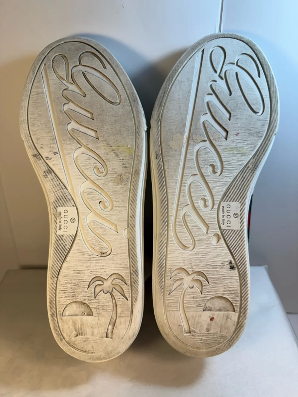 Gucci White High-Top Canvas Sneakers with Green Trim and Red-Black Stripe - Picture 7 of 12